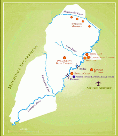 Map of South Luangwa showing Robin Pope Camps and locations for walking safaris and bush camping.
